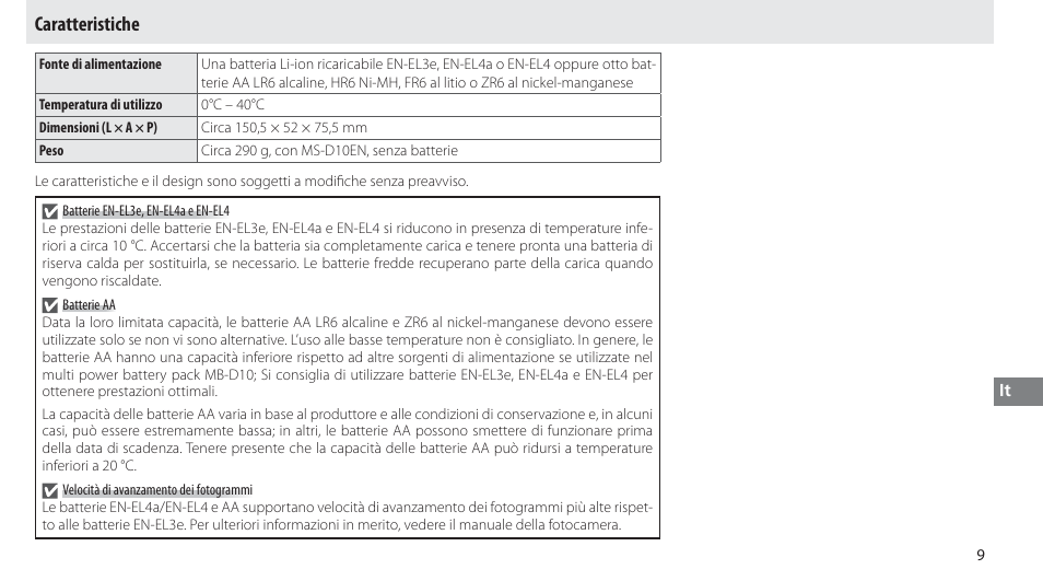 Caratteristiche | Nikon MB-D10 User Manual | Page 109 / 155