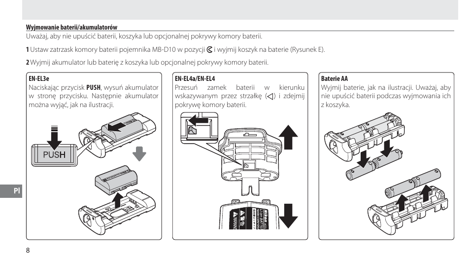 Wyjmowanie baterii/akumulatorów | Nikon MB-D10 User Manual | Page 117 / 155