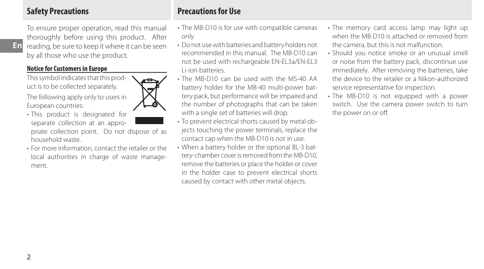 Safety precautions, Notice for customers in europe, Precautions for use | Nikon MB-D10 User Manual | Page 18 / 155