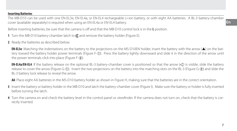 Inserting batteries | Nikon MB-D10 User Manual | Page 23 / 155