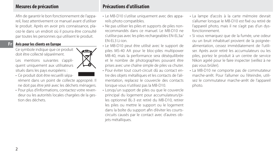 Mesures de précaution, Avis pour les clients en europe, Précautions d’utilisation | Nikon MB-D10 User Manual | Page 37 / 155