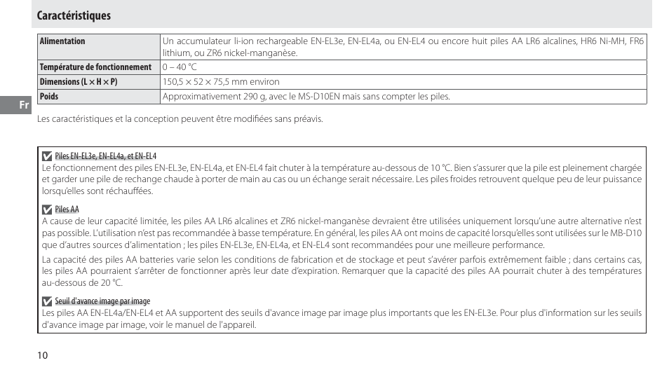 Caractéristiques | Nikon MB-D10 User Manual | Page 45 / 155