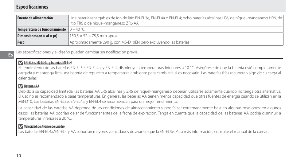 Especificaciones, Especiﬁ caciones | Nikon MB-D10 User Manual | Page 55 / 155