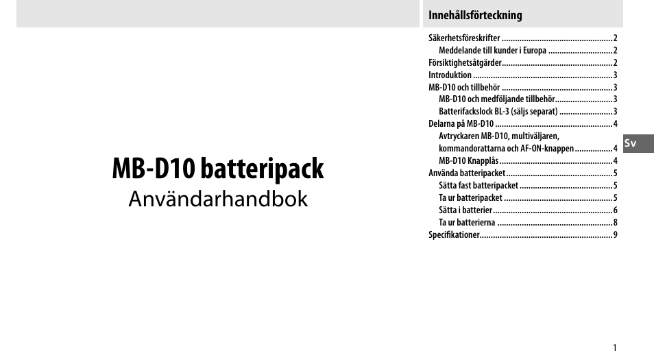 Innehållsförteckning, Mb-d10 batteripack, Användarhandbok | Nikon MB-D10 User Manual | Page 56 / 155