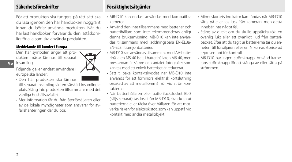 Säkerhetsföreskrifter, Meddelande till kunder i europa, Försiktighetsåtgärder | Nikon MB-D10 User Manual | Page 57 / 155