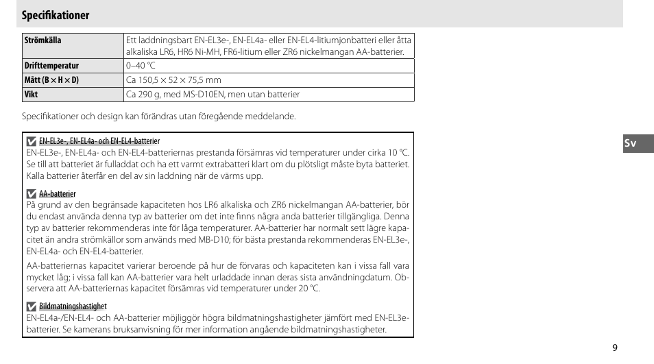 Specifikationer, Specifi kationer | Nikon MB-D10 User Manual | Page 64 / 155