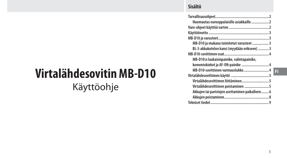 Sisältö, Virtalähdesovitin mb-d10, Käyttöohje | Nikon MB-D10 User Manual | Page 65 / 155