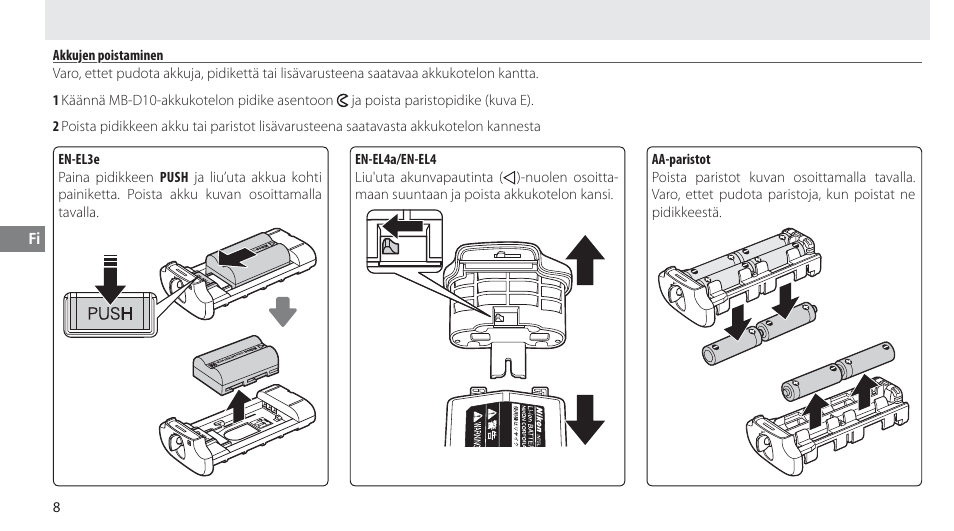 Akkujen poistaminen | Nikon MB-D10 User Manual | Page 72 / 155