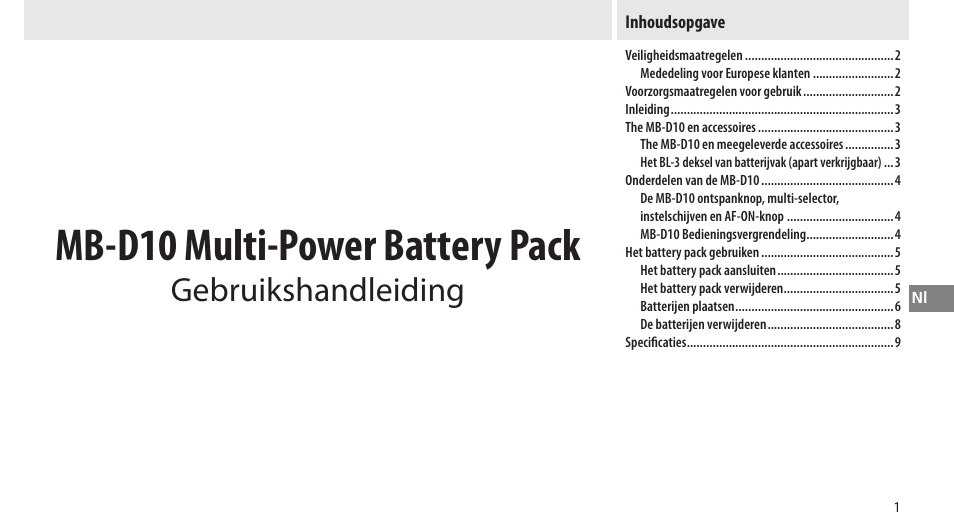 Inhoudsopgave, Mb-d10 multi-power battery pack, Gebruikshandleiding | Nikon MB-D10 User Manual | Page 83 / 155