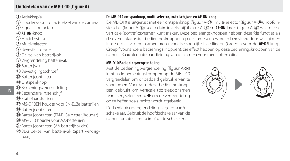 Onderdelen van de mb-d10, Mb-d10 bedieningsvergrendeling, Onderdelen van de mb-d10 (ﬁ guur a) | Nikon MB-D10 User Manual | Page 86 / 155