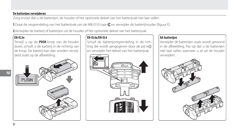 De batterijen verwijderen | Nikon MB-D10 User Manual | Page 90 / 155