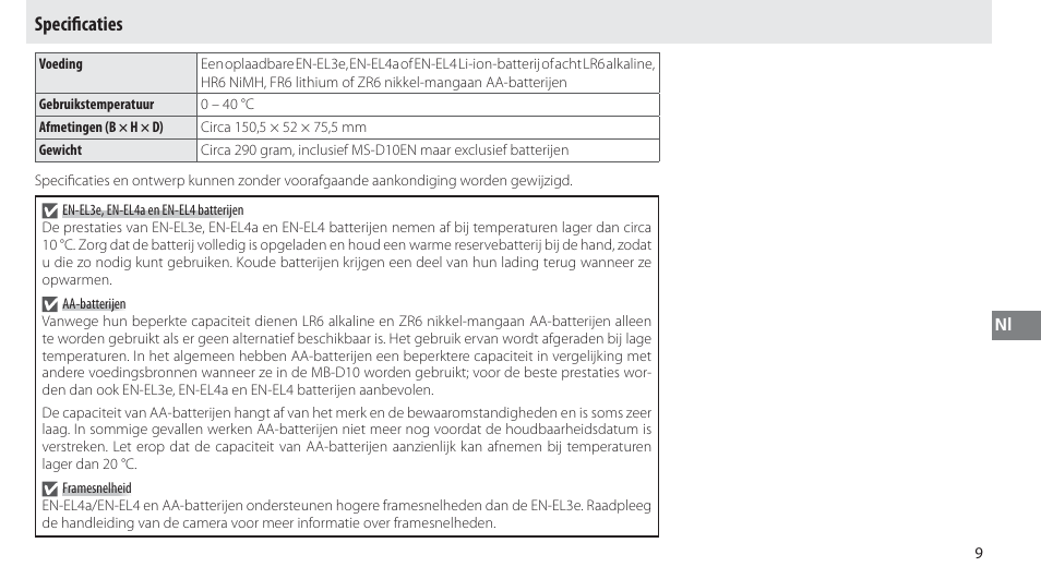 Specificaties, Speciﬁ caties | Nikon MB-D10 User Manual | Page 91 / 155