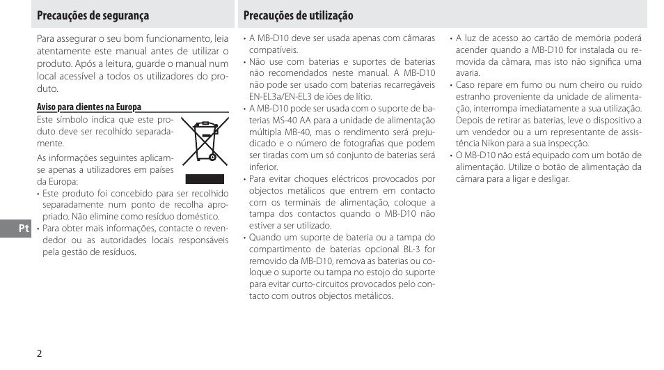Precauções de segurança, Aviso para clientes na europa, Precauções de utilização | Nikon MB-D10 User Manual | Page 93 / 155