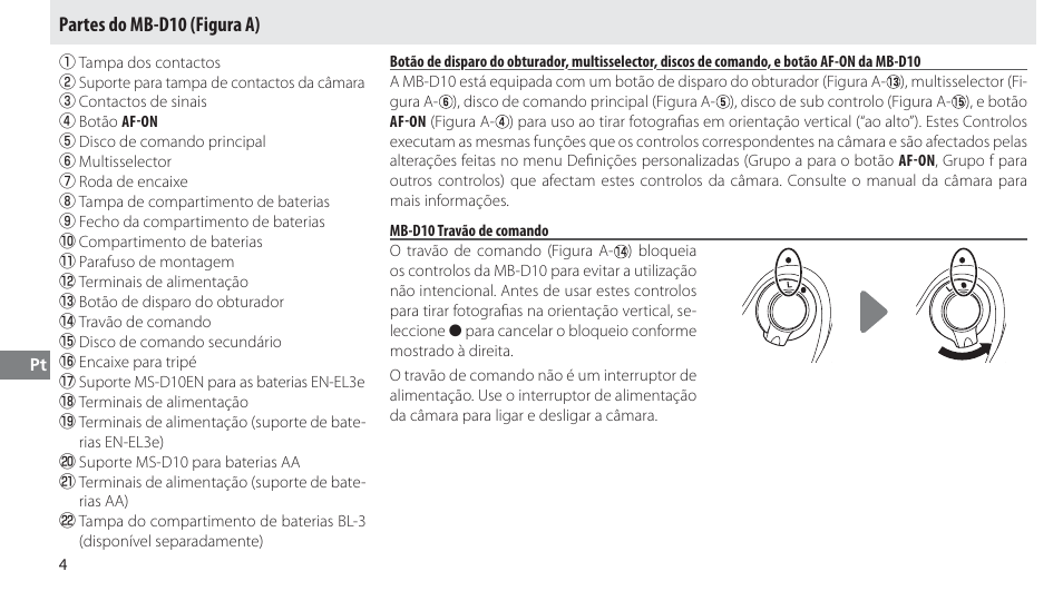 Partes do mb-d10, Mb-d10 travão de comando, Partes do mb-d10 (figura a) | Nikon MB-D10 User Manual | Page 95 / 155