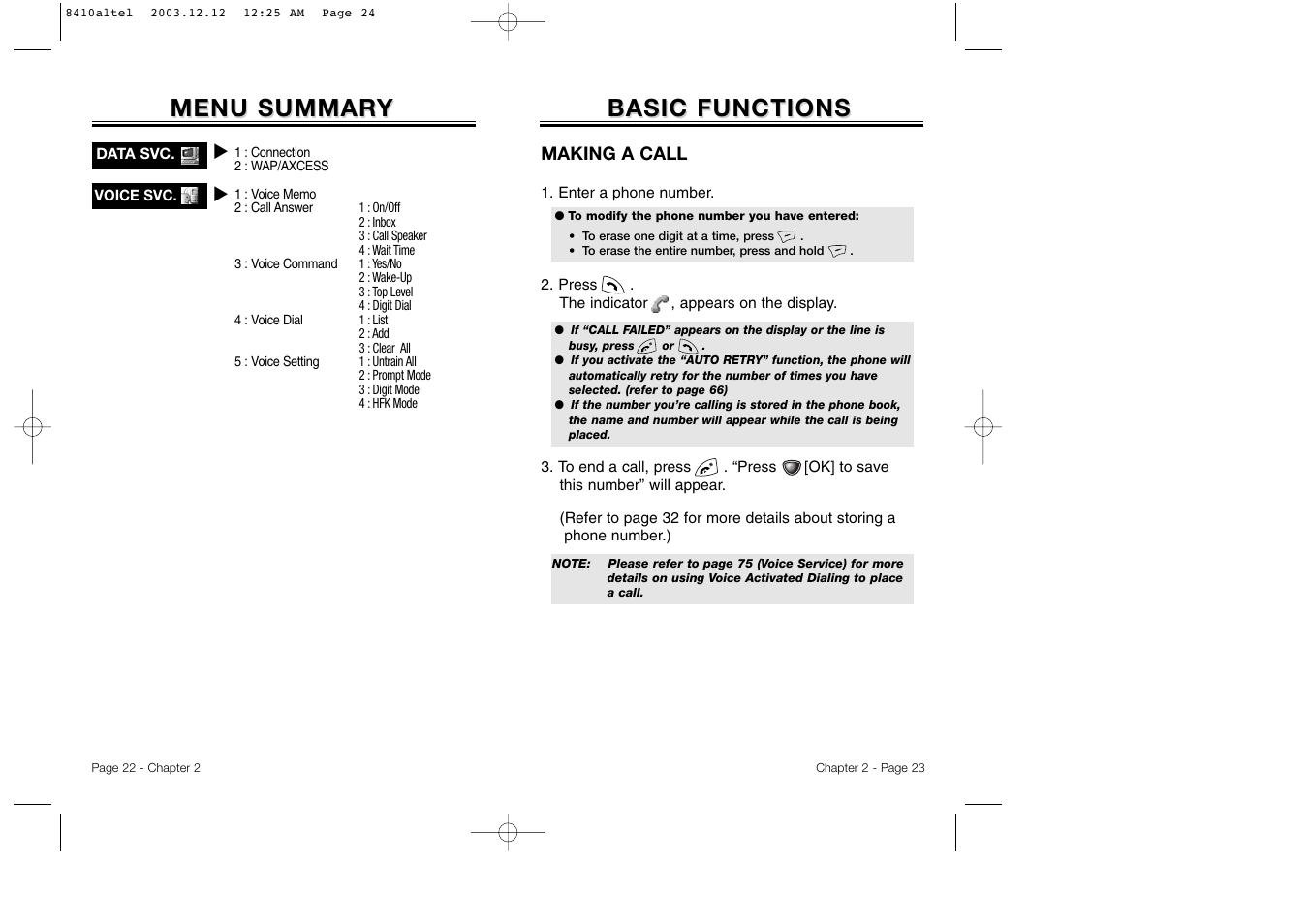 Basic functions, Menu summar, Menu summar y y | Audiovox CDM 8410 User Manual | Page 14 / 78