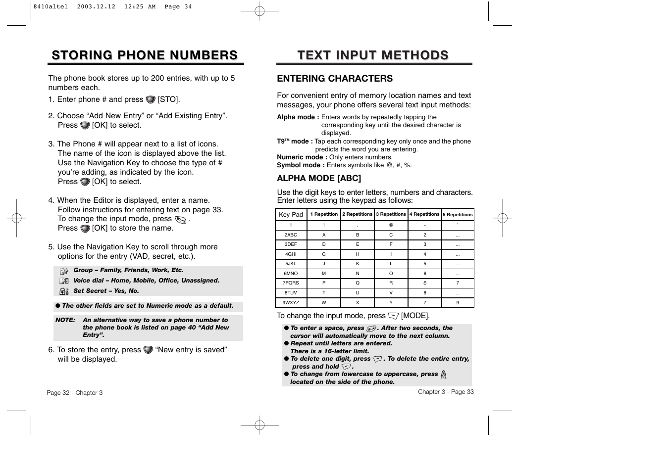 Text input methods, Storing phone numbers, Entering characters | Alpha mode [abc | Audiovox CDM 8410 User Manual | Page 19 / 78