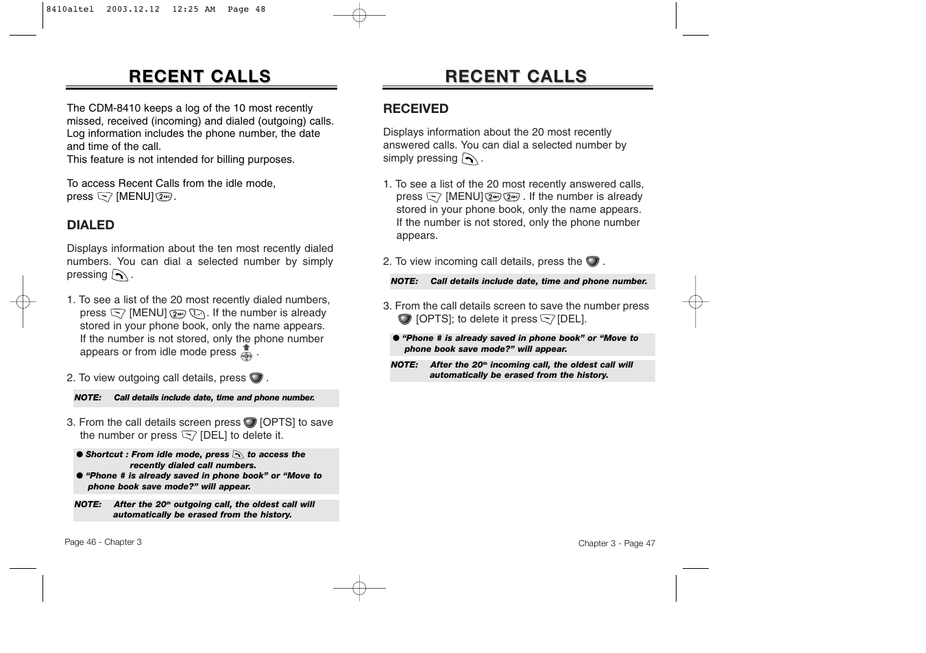 Recent calls | Audiovox CDM 8410 User Manual | Page 26 / 78