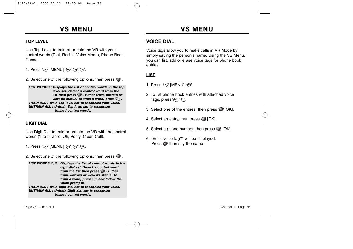 Vs menu | Audiovox CDM 8410 User Manual | Page 40 / 78