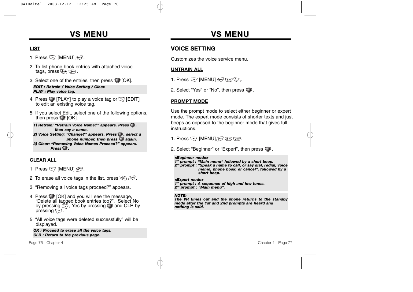 Vs menu | Audiovox CDM 8410 User Manual | Page 41 / 78