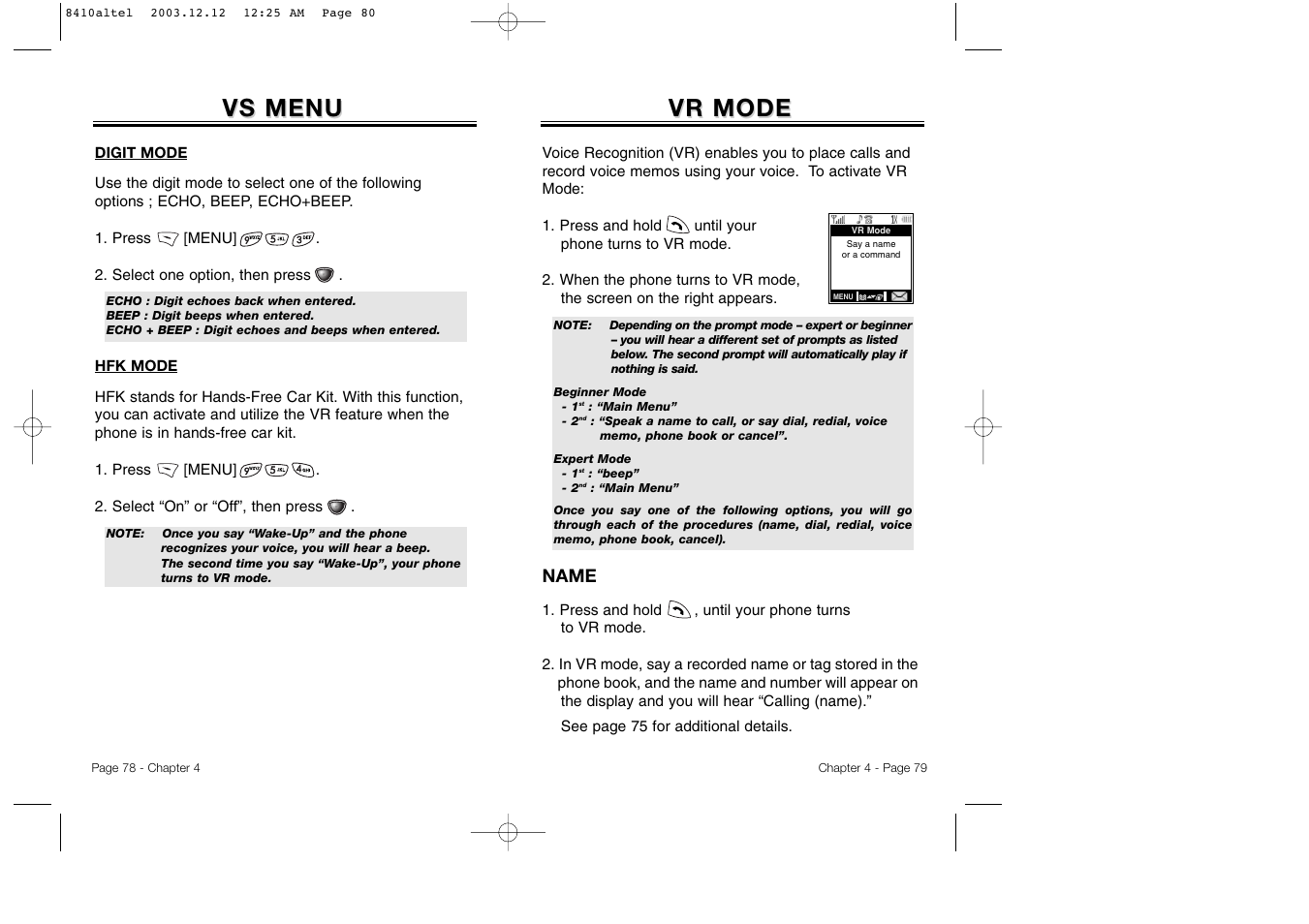 Vr mode, Vs menu, Name | Audiovox CDM 8410 User Manual | Page 42 / 78