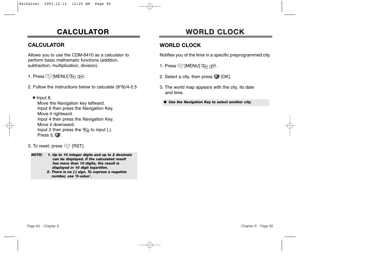 World clock, Calcula, Calcula tor tor | Audiovox CDM 8410 User Manual | Page 50 / 78