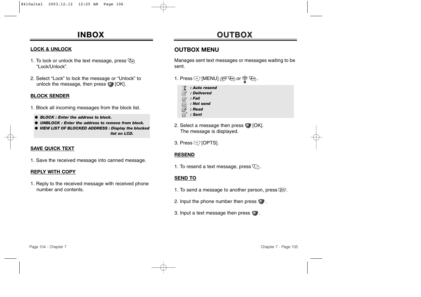 Outbox, Inbox | Audiovox CDM 8410 User Manual | Page 55 / 78