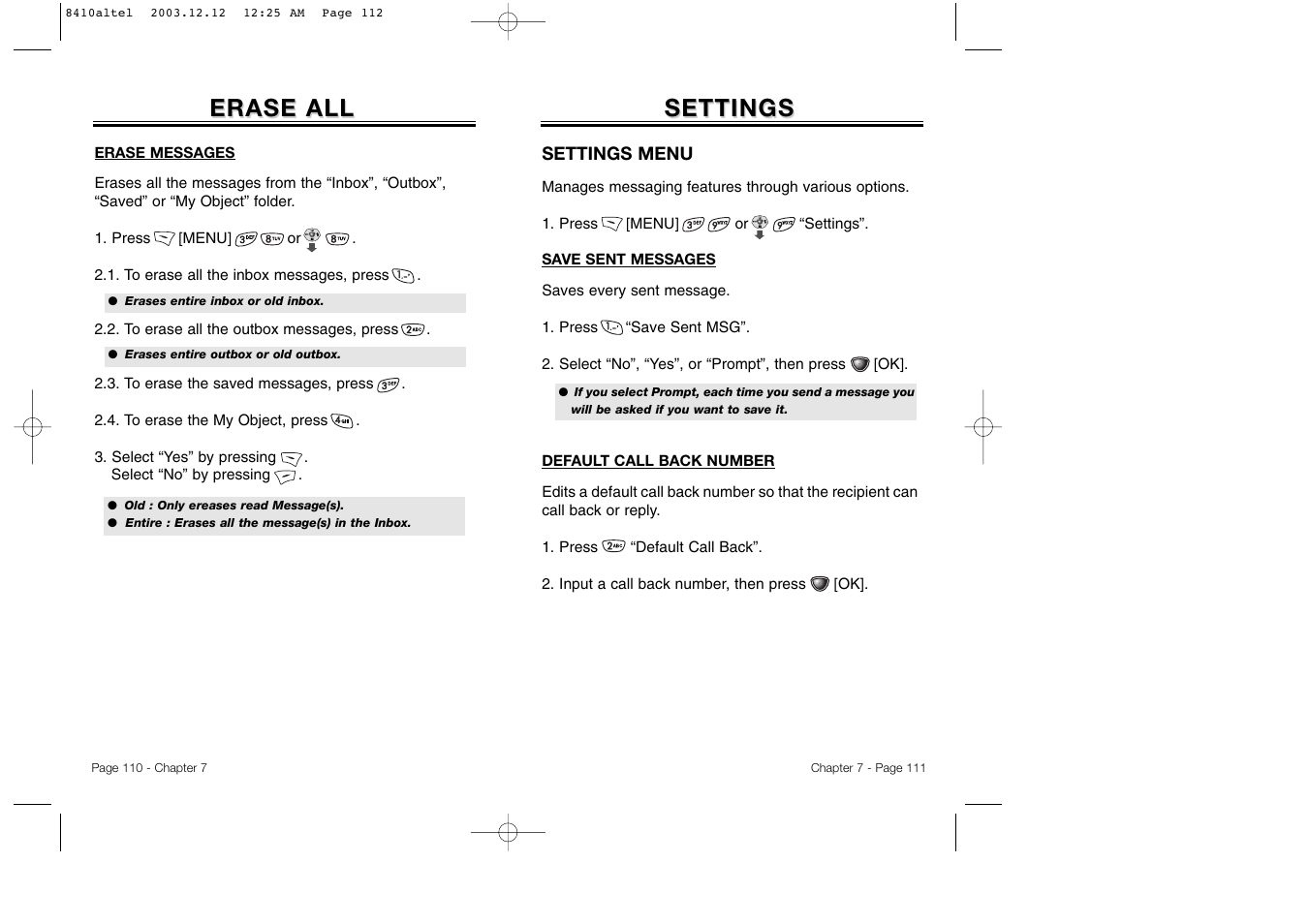 Settings, Erase all | Audiovox CDM 8410 User Manual | Page 58 / 78