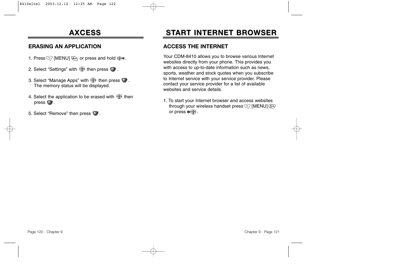 St ar ar t internet browser t internet browser, Axcess | Audiovox CDM 8410 User Manual | Page 63 / 78