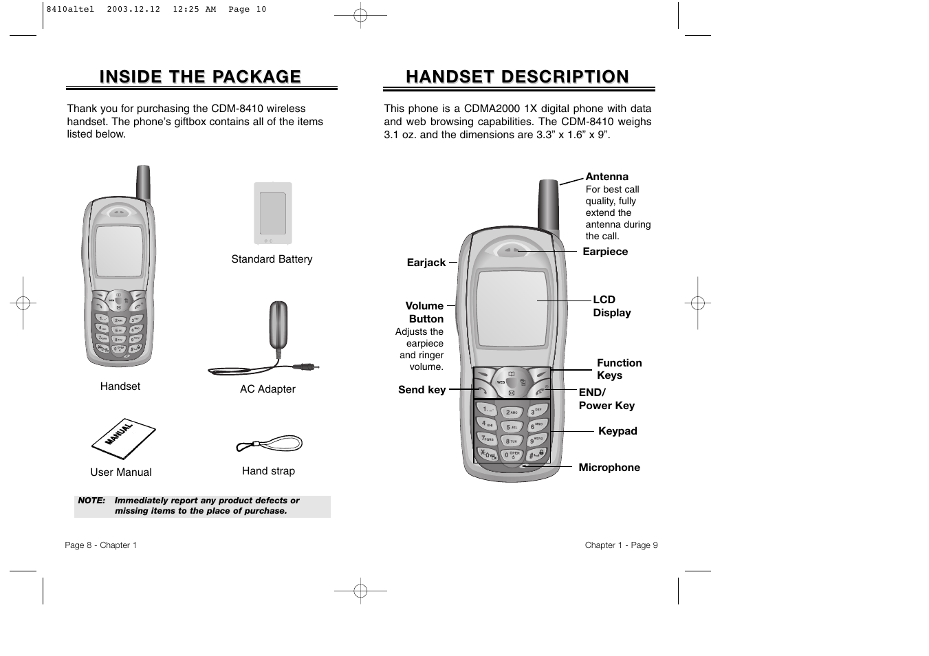 Handset description, Inside the p, Inside the p ackage ackage | Audiovox CDM 8410 User Manual | Page 7 / 78