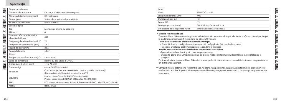 Specificaţii | Nikon COOLSHOT User Manual | Page 128 / 139