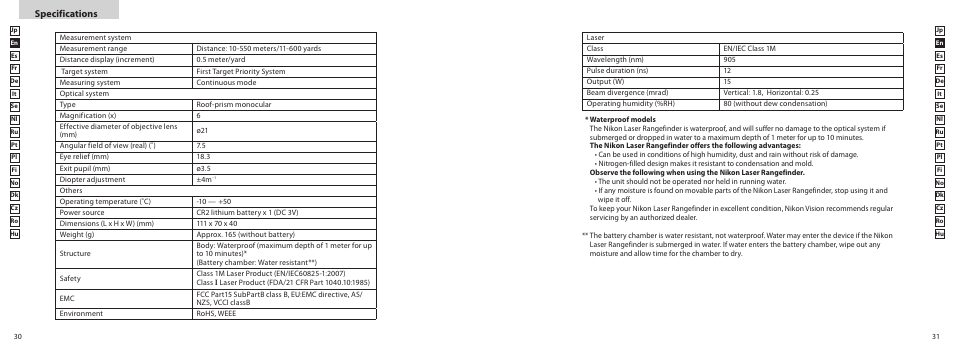 Specifications | Nikon COOLSHOT User Manual | Page 16 / 139