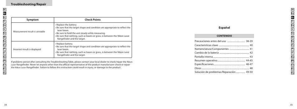 Troubleshooting/repair, Español | Nikon COOLSHOT User Manual | Page 18 / 139
