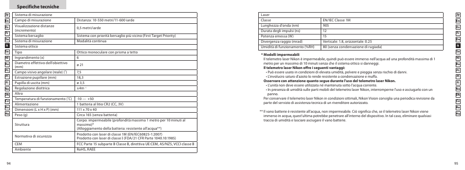 Specifiche tecniche | Nikon COOLSHOT User Manual | Page 48 / 139
