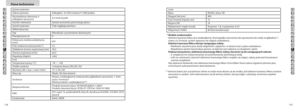 Dane techniczne | Nikon COOLSHOT User Manual | Page 88 / 139