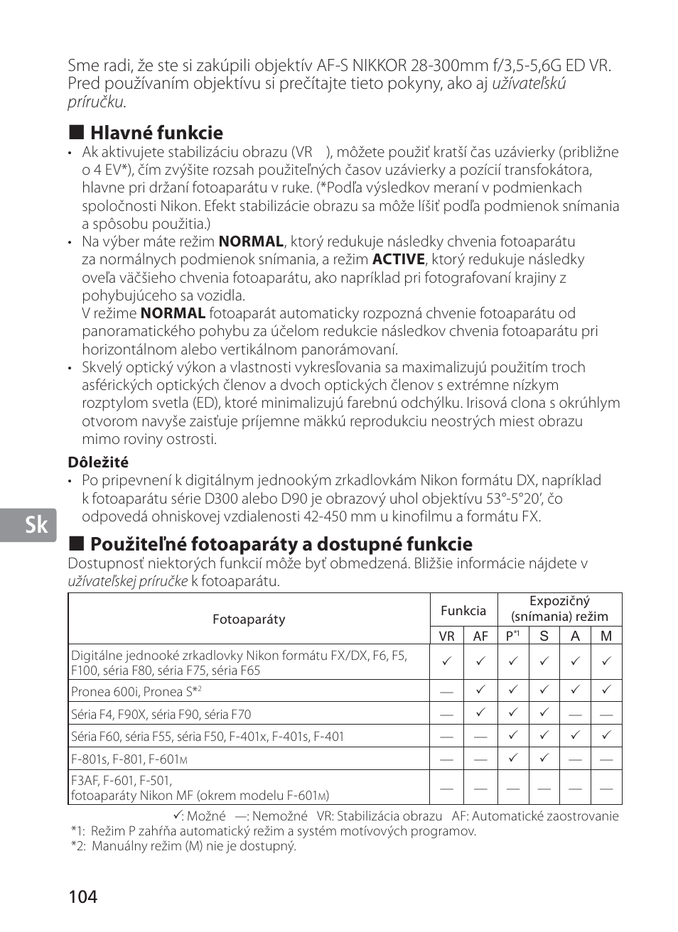 Jp en de fr es se ru nl it sk sk kr, Hlavné funkcie, Použiteľné fotoaparáty a dostupné funkcie | Nikon 28-300mm-f-35-56G-ED-AF-S-VR-Zoom User Manual | Page 104 / 152