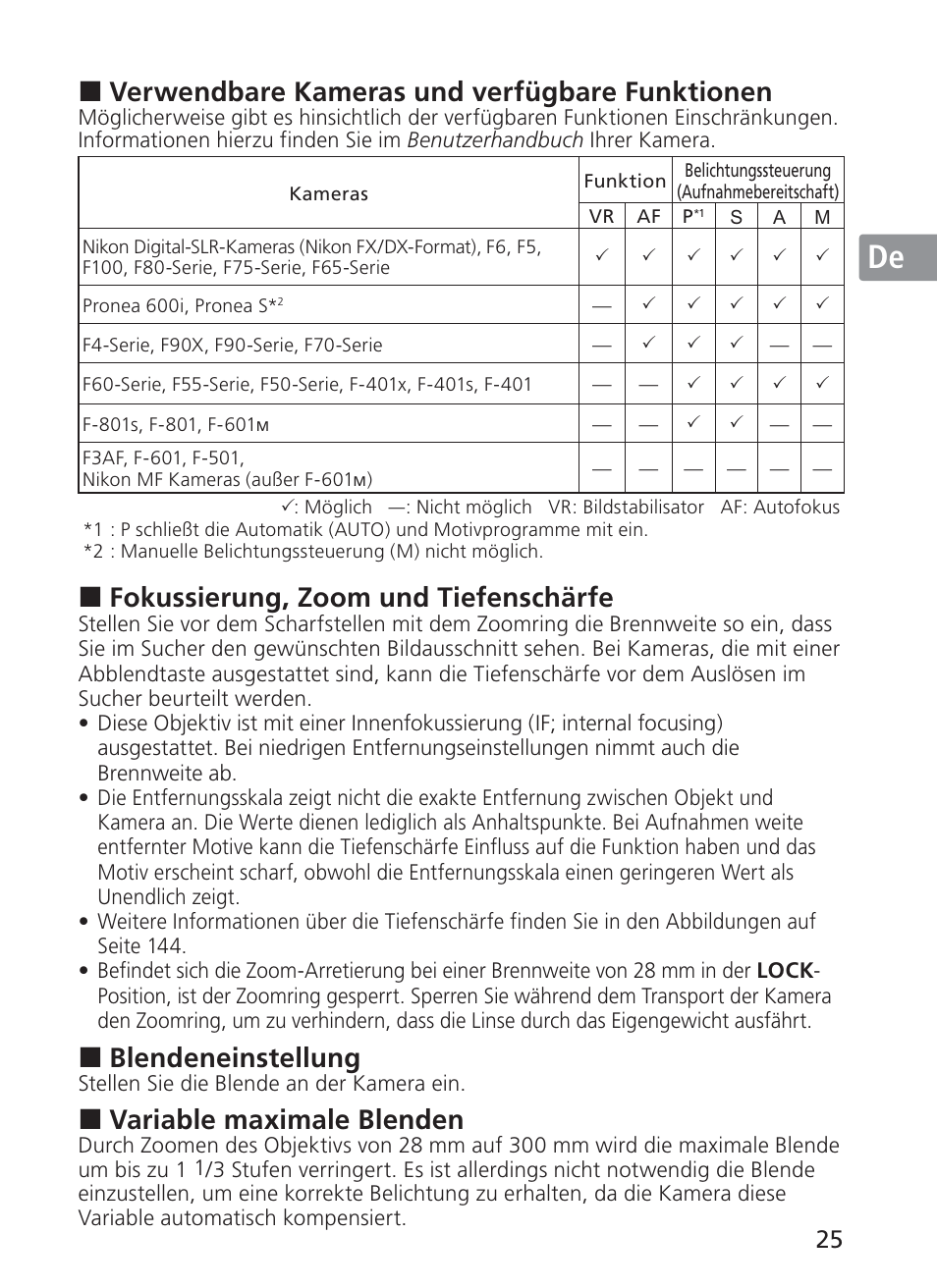 Jp en de fr es se ru nl it ck ch kr, Verwendbare kameras und verfügbare funktionen, Fokussierung, zoom und tiefenschärfe | Blendeneinstellung, Variable maximale blenden | Nikon 28-300mm-f-35-56G-ED-AF-S-VR-Zoom User Manual | Page 25 / 152