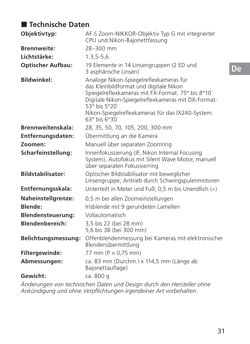 Jp en de fr es se ru nl it ck ch kr | Nikon 28-300mm-f-35-56G-ED-AF-S-VR-Zoom User Manual | Page 31 / 152