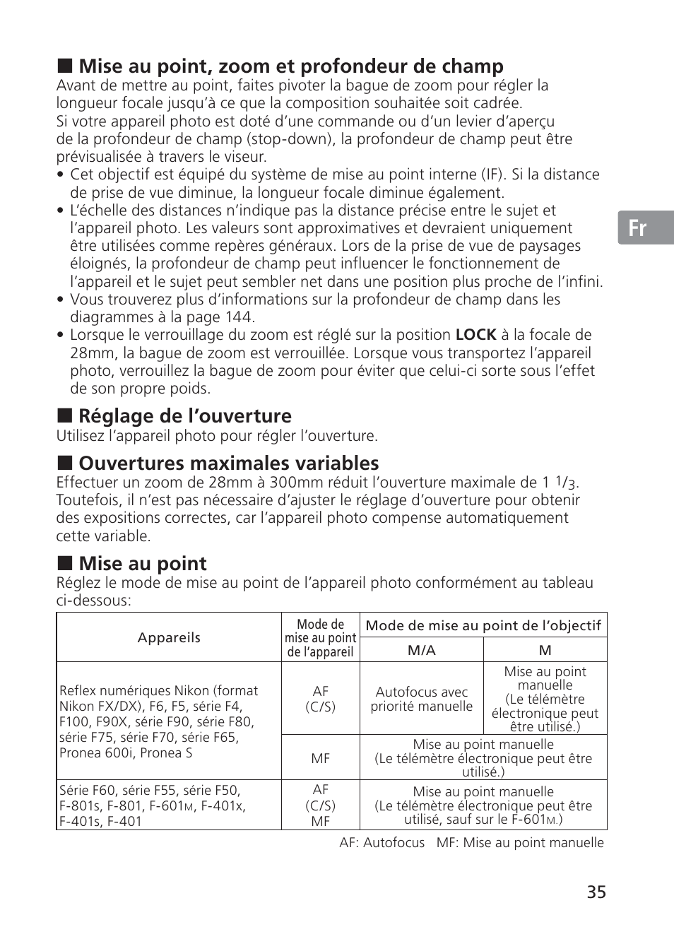 Jp en de fr es se ru nl it ck ch kr, Mise au point, zoom et profondeur de champ, Réglage de l’ouverture | Ouvertures maximales variables, Mise au point | Nikon 28-300mm-f-35-56G-ED-AF-S-VR-Zoom User Manual | Page 35 / 152