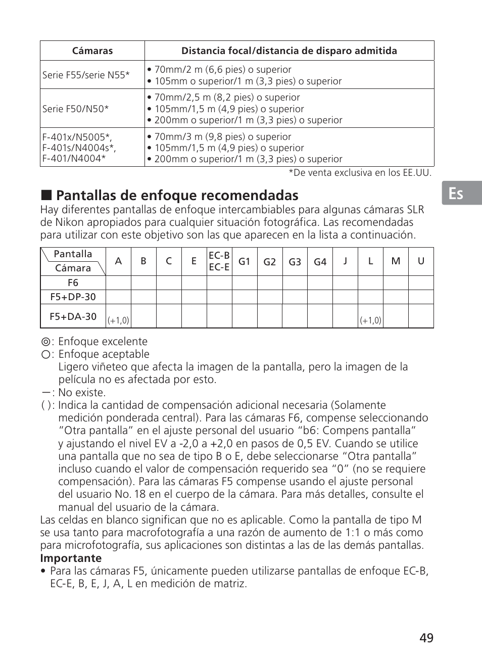 Jp en de fr es se ru nl it ck ch kr, Pantallas de enfoque recomendadas | Nikon 28-300mm-f-35-56G-ED-AF-S-VR-Zoom User Manual | Page 49 / 152