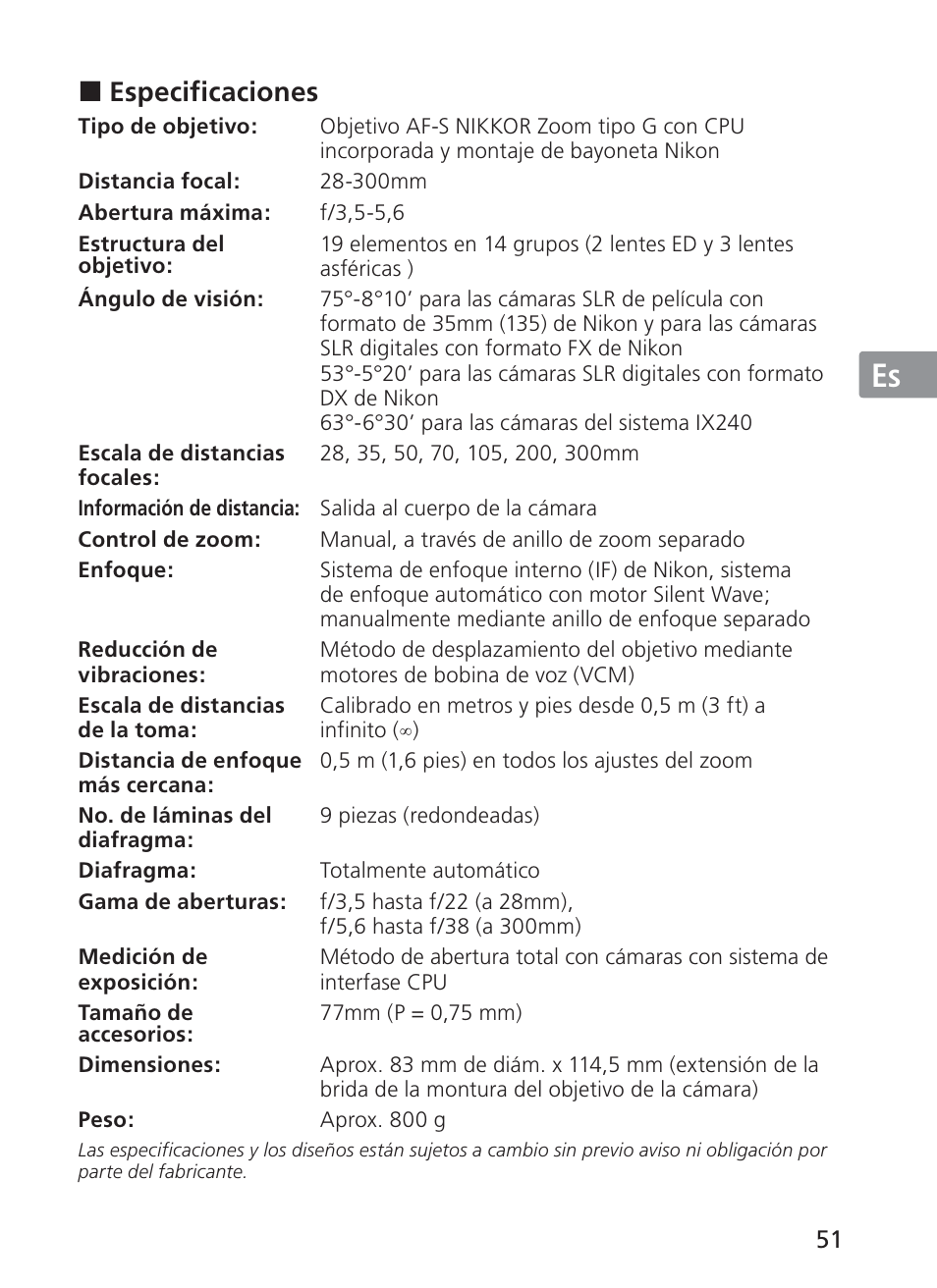 Jp en de fr es se ru nl it ck ch kr | Nikon 28-300mm-f-35-56G-ED-AF-S-VR-Zoom User Manual | Page 51 / 152