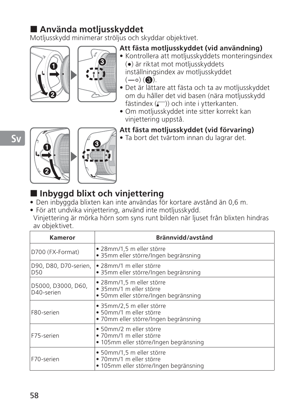 Jp en de fr es sv ru nl it ck ch kr, Använda motljusskyddet, Inbyggd blixt och vinjettering | Nikon 28-300mm-f-35-56G-ED-AF-S-VR-Zoom User Manual | Page 58 / 152
