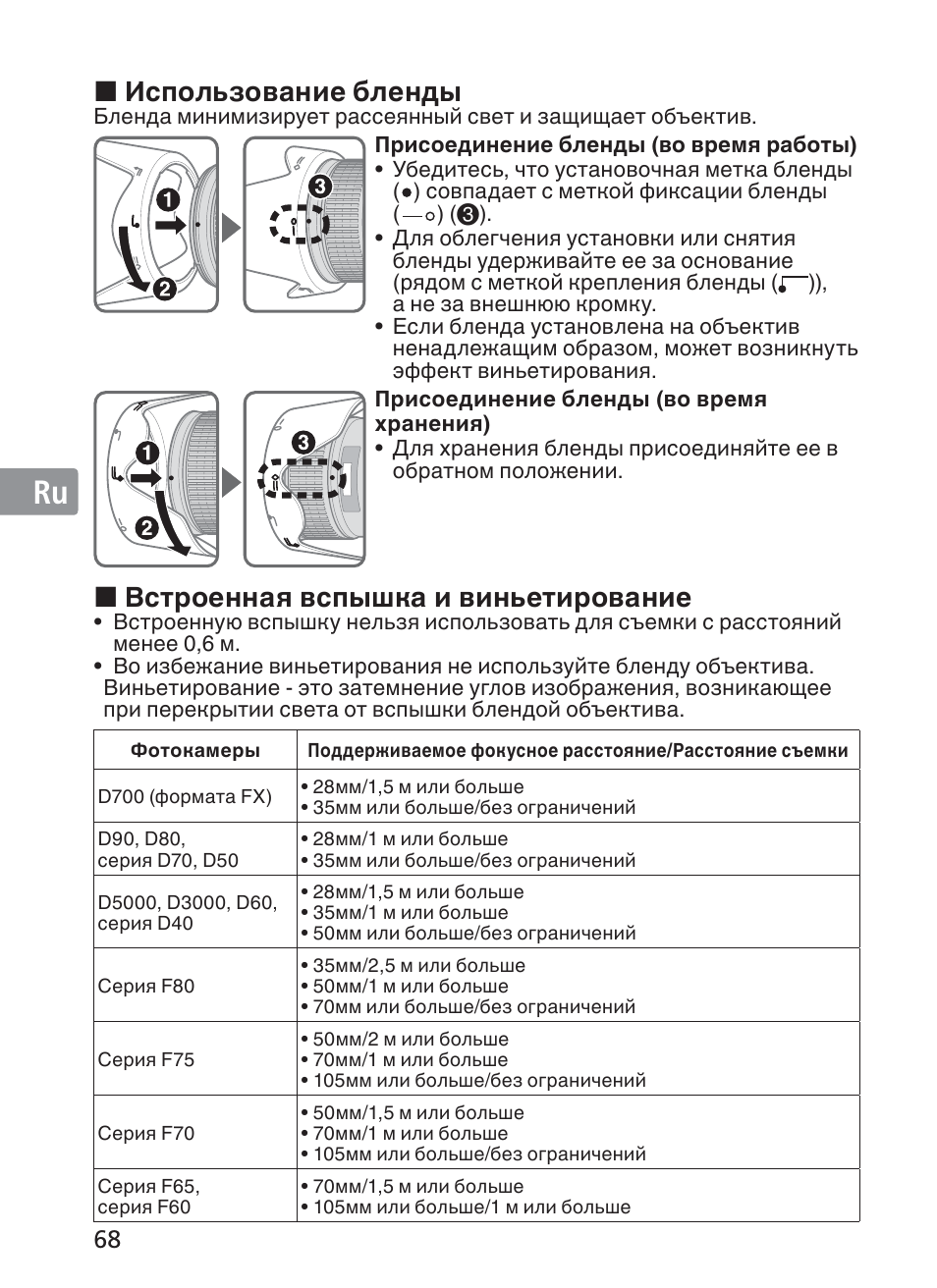 Jp en de fr es se ru nl it ck ch kr, Использование бленды, Встроенная вспышка и виньетирование | Nikon 28-300mm-f-35-56G-ED-AF-S-VR-Zoom User Manual | Page 68 / 152