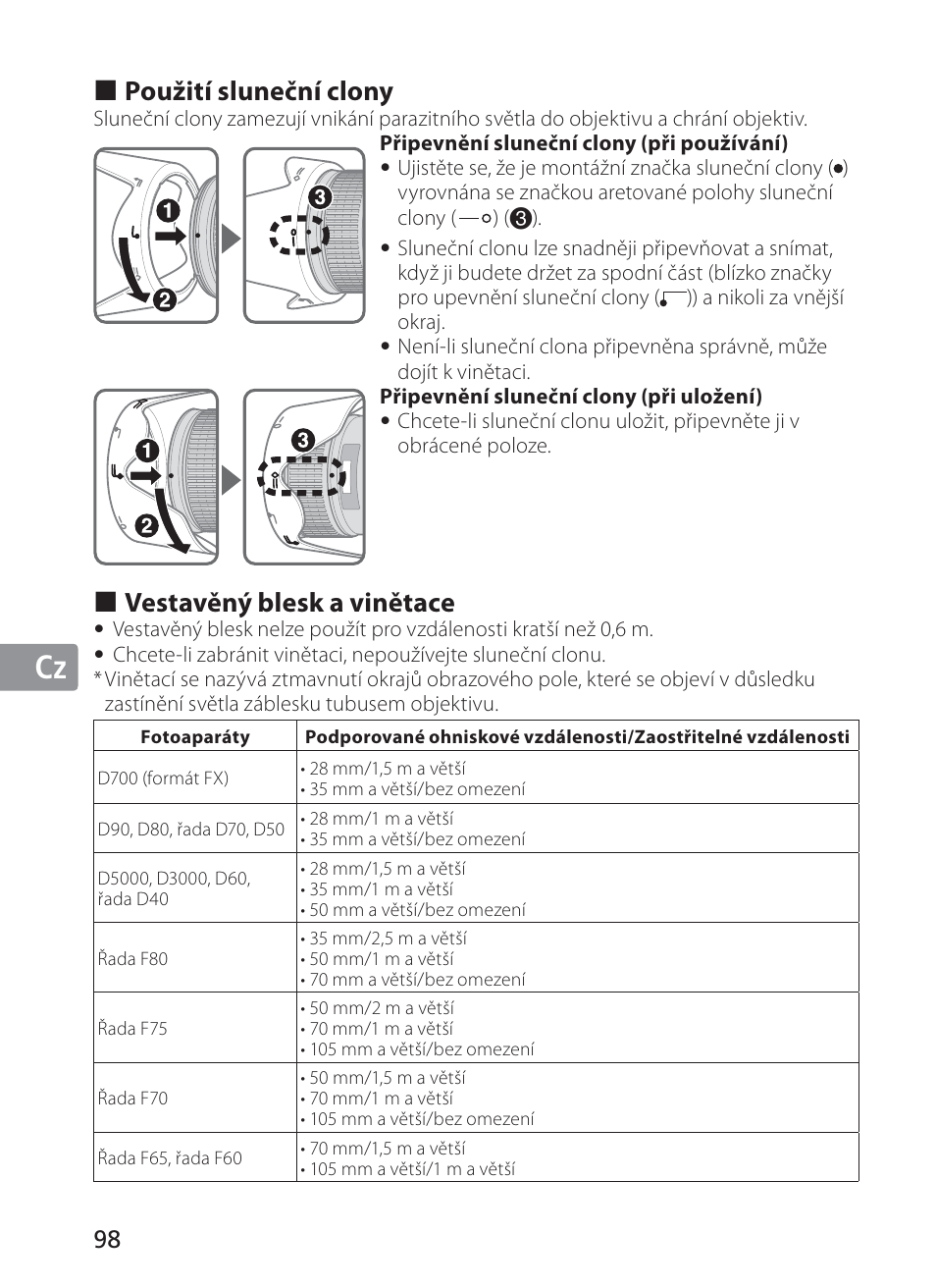 Jp en de fr es se ru nl it cz ch kr, Použití sluneční clony, Vestavěný blesk a vinětace | Nikon 28-300mm-f-35-56G-ED-AF-S-VR-Zoom User Manual | Page 98 / 152