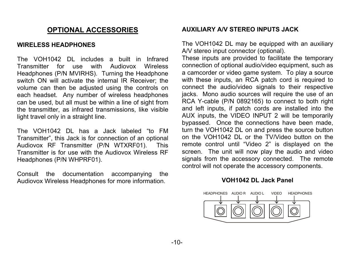 Optional accessories | Audiovox VOH1042 DL User Manual | Page 11 / 16