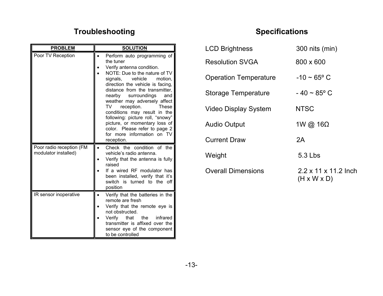 Troubleshooting, Specifications | Audiovox VOH1042 DL User Manual | Page 14 / 16