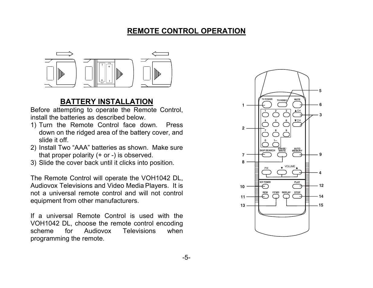 Remote control operation, Battery installation | Audiovox VOH1042 DL User Manual | Page 6 / 16