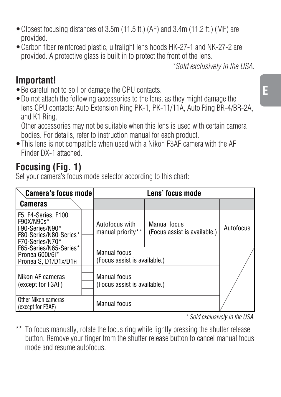 Important, Focusing (fig. 1) | Nikon 400mm-f-28-IF-ED-II-AF-S-Nikkor User Manual | Page 13 / 56