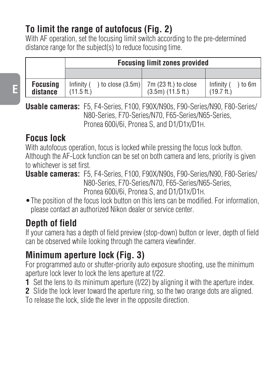 Focus lock, Depth of field, Minimum aperture lock (fig. 3) | Nikon 400mm-f-28-IF-ED-II-AF-S-Nikkor User Manual | Page 14 / 56