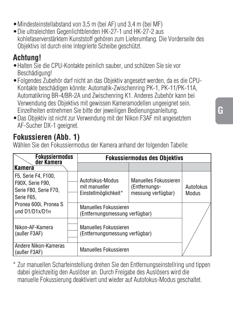 Achtung, Fokussieren (abb. 1) | Nikon 400mm-f-28-IF-ED-II-AF-S-Nikkor User Manual | Page 19 / 56