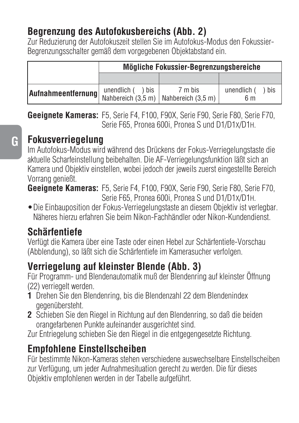 Begrenzung des autofokusbereichs (abb. 2), Fokusverriegelung, Schärfentiefe | Verriegelung auf kleinster blende (abb. 3), Empfohlene einstellscheiben | Nikon 400mm-f-28-IF-ED-II-AF-S-Nikkor User Manual | Page 20 / 56